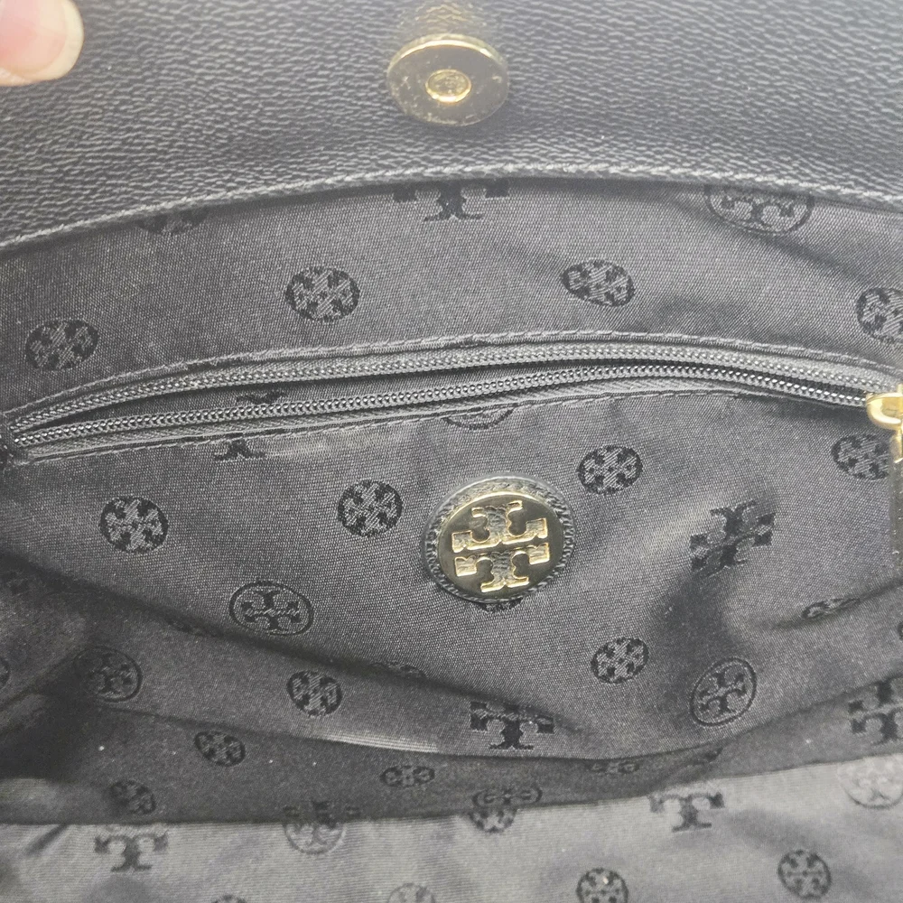 Black Leather Tory Burch Tote Bag with Gold Accents - Picture 6 of 13